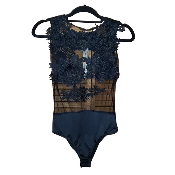 Love Nation Tops - Sheer Black Floral Bodysuit Large NWT
